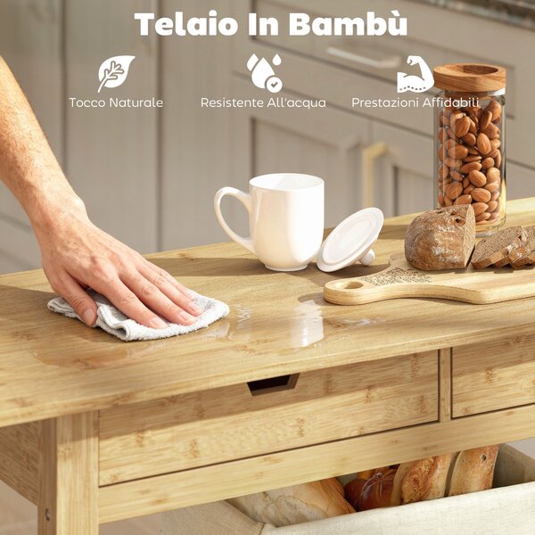 HOMCOM Carrello Cucina in Legno di Bambù con 2 Cassetti, 2 Ripiani a Doghe e 2 Rotelle, 100x43x75 cm, Legno | Aosom Italy