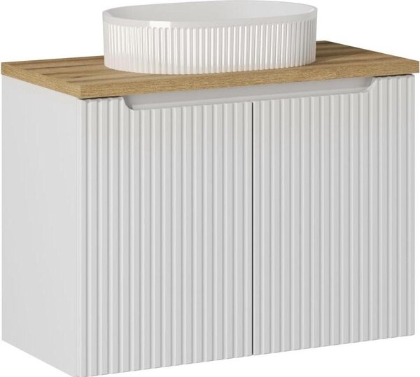Mobile Bagno Bianco 80 Cm Con Piano In Rovere E Lavabo Da Appoggio
