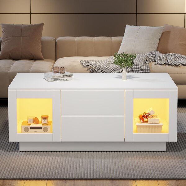 Tavolino da salotto 100x50x40 cm con ante in vetro, finitura bianca lucida, realizzato in MDF, dotato di illuminazione RGB dimmerabile e 2 cassetti