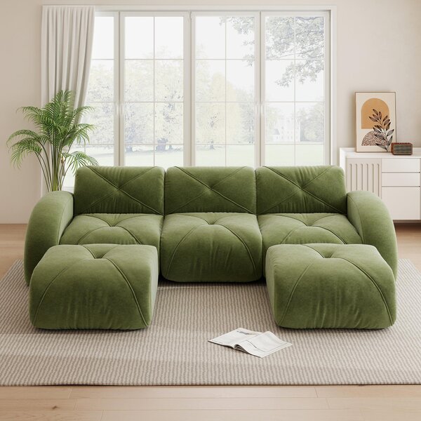 Divano modulare a forma di U, rivestito in chenille verde, con tre posti, senza struttura a vista, con poggiapiedi, ideale per il soggiorno, dimensioni 281x171x76 cm, resistente ai graffi e senza necessità di montaggio