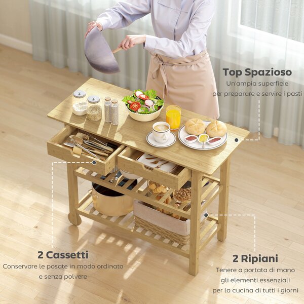 HOMCOM Carrello Cucina in Legno di Bambù con 2 Cassetti, 2 Ripiani a Doghe e 2 Rotelle, 100x43x75 cm, Legno | Aosom Italy