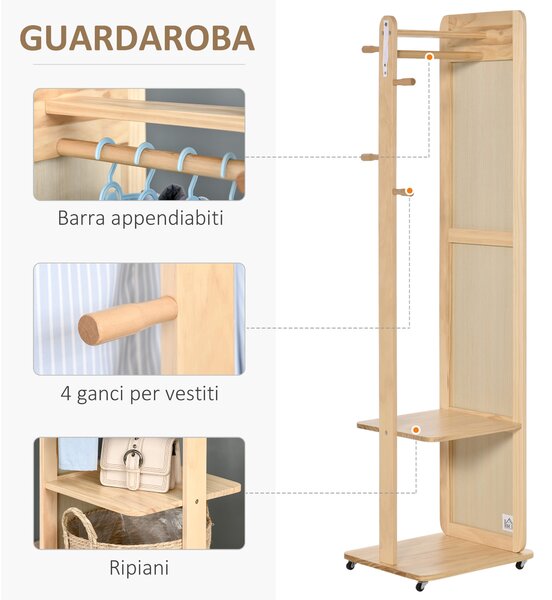 HOMCOM Specchio a Terra con Ruote - Appendiabiti, 4 Ganci Ripiano MDF Effetto Legno Chiaro