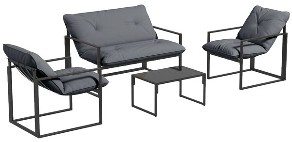 Outsunny Set da Giardino 4 Pezzi con Divanetto, 2 Poltrone e Tavolino, in Acciaio, Poliestere e Cotone PP, Nero e Grigio | Aosom Italy