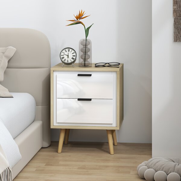 HOMCOM Comodino con 2 cassetti silenziosi e piedi in legno massiccio, 40 x 35 x 50 cm, Bianco lucido | Aosom Italy