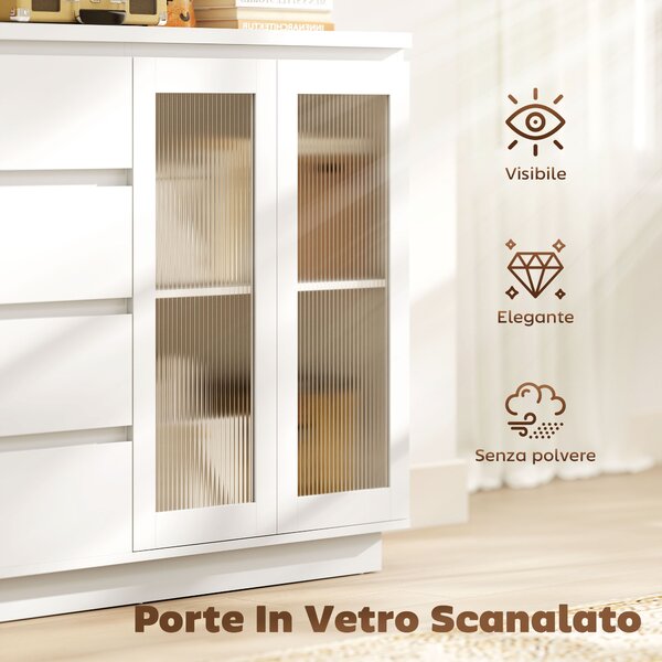 HOMCOM Credenza Buffet in Legno con 4 Cassetti e Armadietto, Ante in Vetro e Ripiani Regolabili, 120x40x91cm, Bianco | Aosom Italy