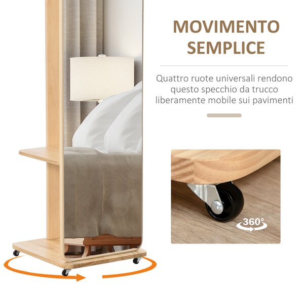 HOMCOM Specchio a Terra con Ruote - Appendiabiti, 4 Ganci Ripiano MDF Effetto Legno Chiaro