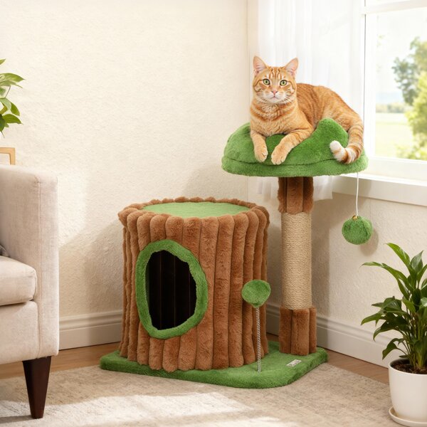 PawHut Albero tiragraffi per gatti 53 cm design a tronco con casetta cuccia palo in iuta palline marrone e verde | Aosom Italy