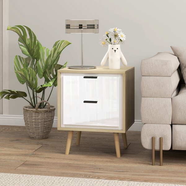 HOMCOM Comodino con 2 cassetti silenziosi e piedi in legno massiccio, 40 x 35 x 50 cm, Bianco lucido | Aosom Italy