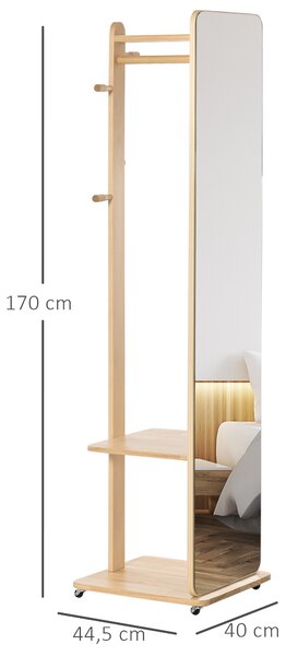 HOMCOM Specchio a Terra con Ruote - Appendiabiti, 4 Ganci Ripiano MDF Effetto Legno Chiaro