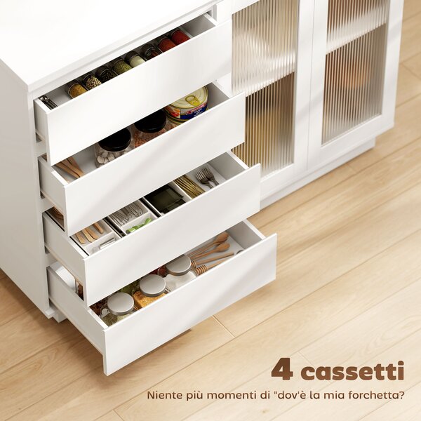 HOMCOM Credenza Buffet in Legno con 4 Cassetti e Armadietto, Ante in Vetro e Ripiani Regolabili, 120x40x91cm, Bianco | Aosom Italy