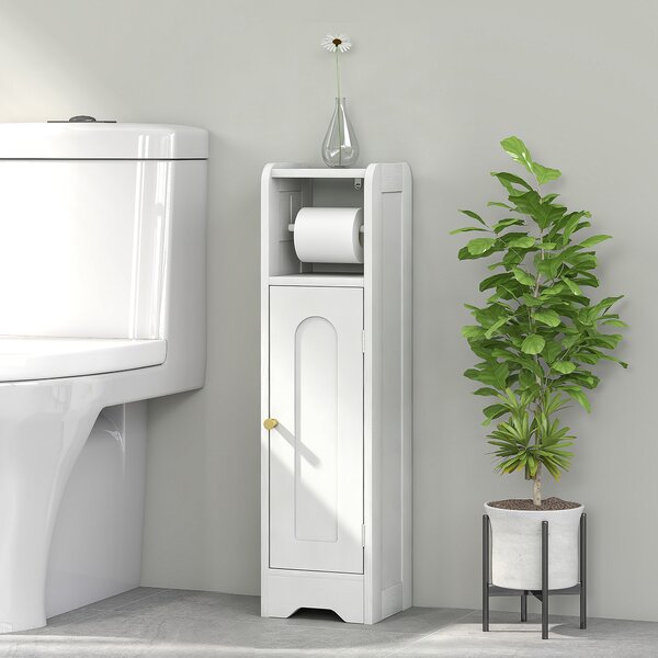 HOMCOM Mobile Porta Carta Igienica in Legno con Armadietto con Ripiano Interno Regolabile, 21x20x79 cm, Bianco | Aosom Italy