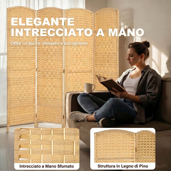 HOMCOM Paravento da Interno a 4 Pannelli Pieghevole, 180x180 cm Intrecciato in PP e Legno di Pino, Effetto Naturale | Aosom Italy