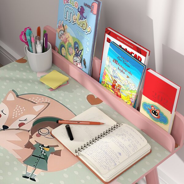 AIYAPLAY Set Tavolo e Sedia per Bambini con Portalibri e Motivo Orsetto, Rosa | Aosom Italy
