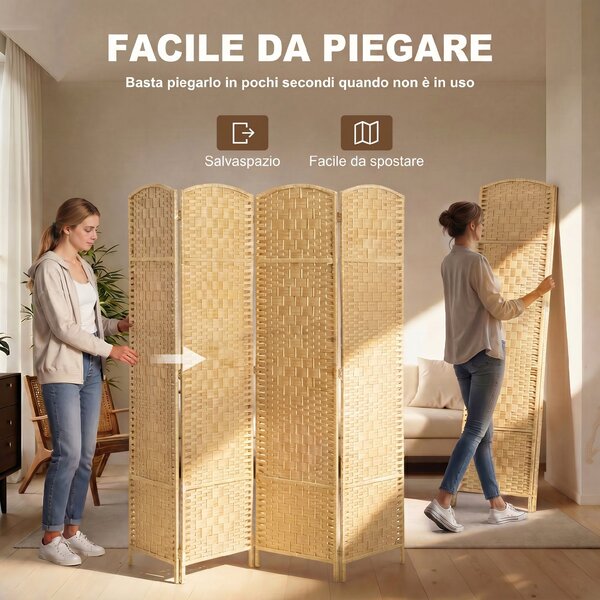 HOMCOM Paravento da Interno a 4 Pannelli Pieghevole, 180x180 cm Intrecciato in PP e Legno di Pino, Effetto Naturale | Aosom Italy