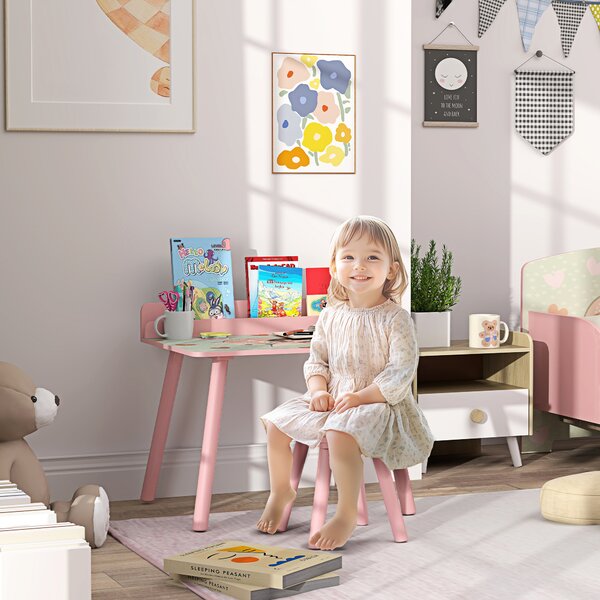 AIYAPLAY Set Tavolo e Sedia per Bambini con Portalibri e Motivo Orsetto, Rosa | Aosom Italy