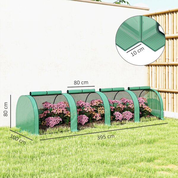 Outsunny Serra a Tunnel da giardino con 4 Porte a cerniera avvolgibile, in Acciaio e Plastica Impermeabile Anti UV, 395x100x80 cm, Verde | Aosom Italy
