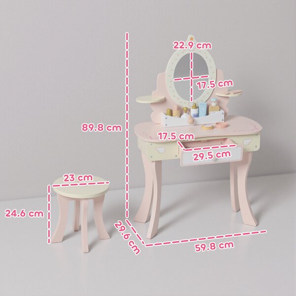 AIYAPLAY Set Toeletta con Specchio e Sgabello in Legno 2 in 1 per Bambini con 7 Accessori Inclusi, Rosa | Aosom Italy