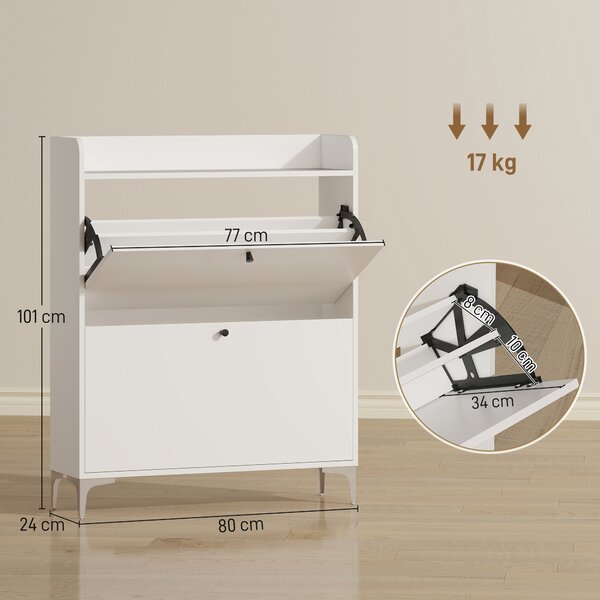 HOMCOM Mobile Scarpiera Slim con 2 Cassetti a Ribalta e Ripiani Regolabili, in Legno e Metallo, 80x24x101 cm, Bianco | Aosom Italy
