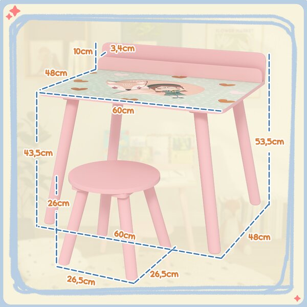 AIYAPLAY Set Tavolo e Sedia per Bambini con Portalibri e Motivo Orsetto, Rosa | Aosom Italy