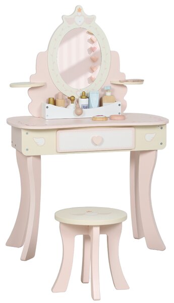 Set Toeletta per Bambine con Specchio e Sgabello con 7 Accessori in Legno Rosa