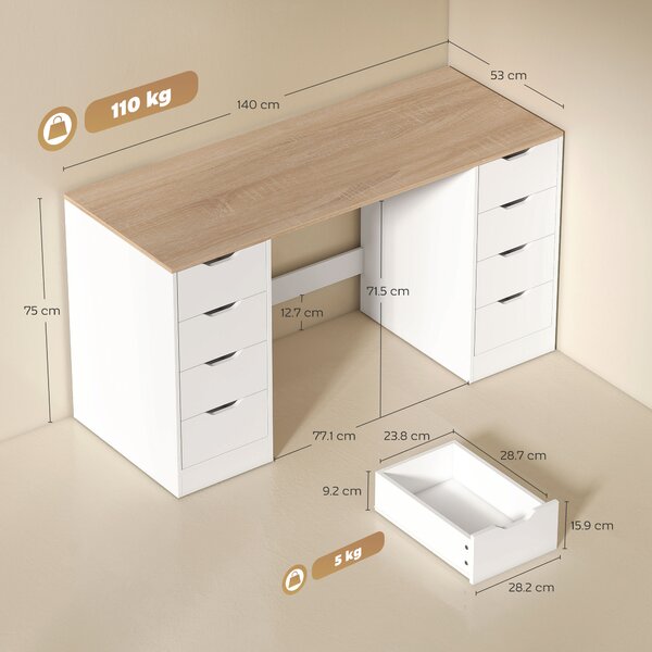 HOMCOM Scrivania con 8 cassetti, salvaspazio e stabile, 140 c, Bianco e Legno naturale | Aosom Italy
