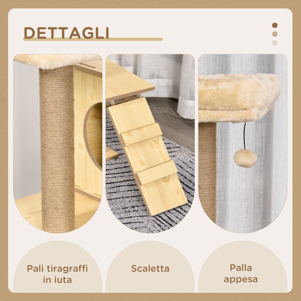PawHut Albero Tiragraffi per Gatti con Casetta, 2 Lettini, Amaca e Pallina, in Legno, Poliestere e Sisal, 60x40x130 cm | Aosom Italy