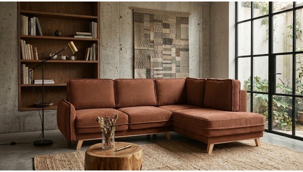 Divano angolare arancione allungabile con rivestimento in velluto a coste Tori – Bonami Selection