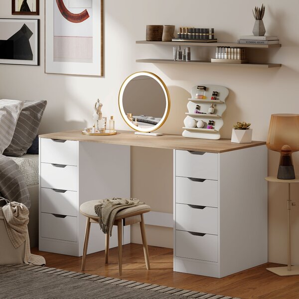 HOMCOM Scrivania con 8 cassetti, salvaspazio e stabile, 140 c, Bianco e Legno naturale | Aosom Italy