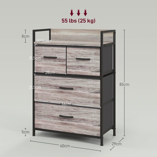 HOMCOM Cassettiera in stile industriale, con 4 cassetti in tessuto pieghevoli e ripiano, 60 x 29 x 85 cm, Grigio | Aosom Italy