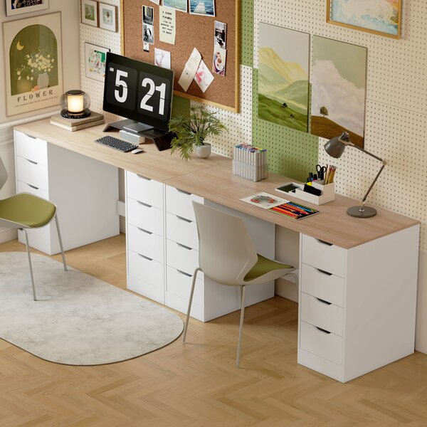 HOMCOM Scrivania con 8 cassetti, salvaspazio e stabile, 140 c, Bianco e Legno naturale | Aosom Italy