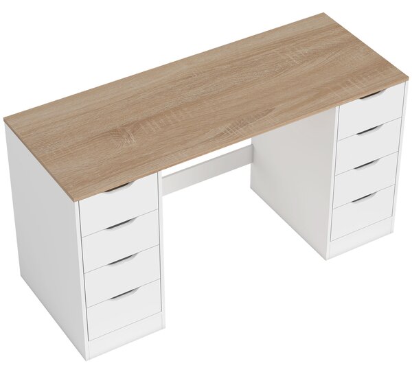 HOMCOM Scrivania con 8 cassetti, salvaspazio e stabile, 140 c, Bianco e Legno naturale | Aosom Italy