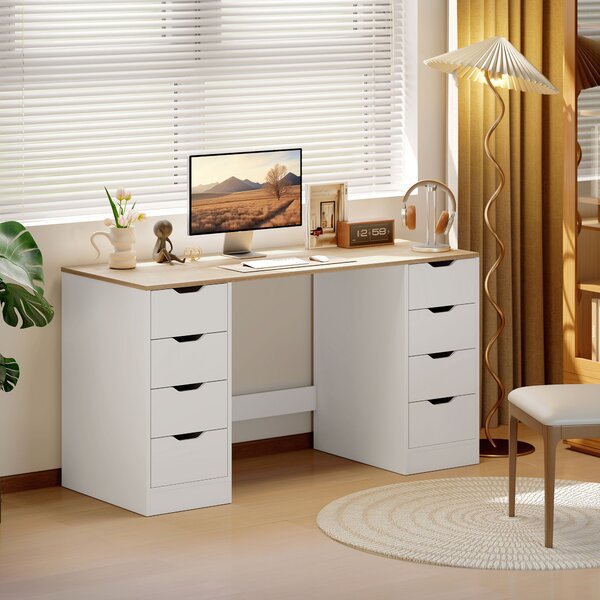 HOMCOM Scrivania con 8 cassetti, salvaspazio e stabile, 140 c, Bianco e Legno naturale | Aosom Italy