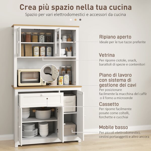 HOMCOM Mobile da cucina in stile country, 1 vetrina, 1 ripiano aperto, 1 cassetto, 2 armadi, naturale + bianco | Aosom Italy