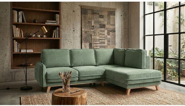 Divano angolare in verde chiaro allungabile (con penisola a destra) con rivestimento in velluto a coste Tori – Bonami Selection