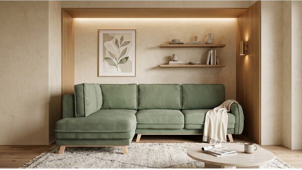 Divano angolare in verde chiaro allungabile (con penisola a sinistra) con rivestimento in velluto a coste Tori – Bonami Selection