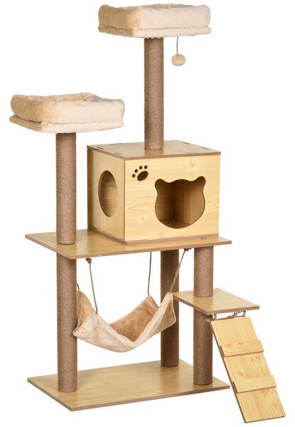 PawHut Albero Tiragraffi per Gatti con Casetta, 2 Lettini, Amaca e Pallina, in Legno, Poliestere e Sisal, 60x40x130 cm | Aosom Italy