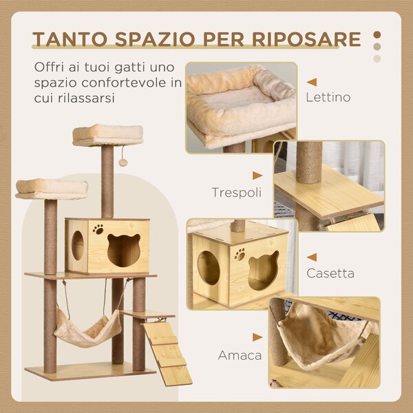 PawHut Albero Tiragraffi per Gatti con Casetta, 2 Lettini, Amaca e Pallina, in Legno, Poliestere e Sisal, 60x40x130 cm | Aosom Italy