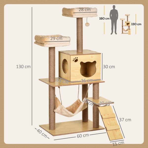PawHut Albero Tiragraffi per Gatti con Casetta, 2 Lettini, Amaca e Pallina, in Legno, Poliestere e Sisal, 60x40x130 cm | Aosom Italy