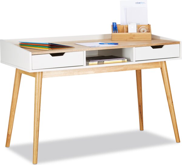 Relaxdays Desk bianco rettangolare, cornice a 4 gambe marrone 120,0 x 55,0 cm