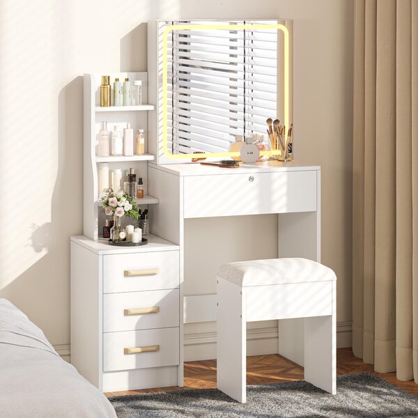 Comò da trucco REMZETTA con specchio a LED e sgabello, 4 cassetti, specchio scorrevole con spazio contenitivo, 3 colori di luce regolabili, tavolino da trucco per camera da letto, bianco