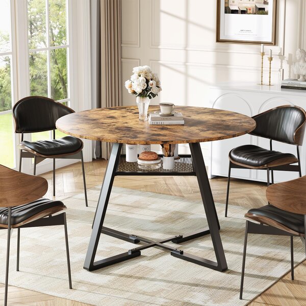Tavolo da pranzo rotondo Fortuna Lai Ø120 cm in stile vintage - tavolo da sala da pranzo con ripiano portaoggetti, piano in legno e robusta struttura in metallo, 4-6 persone