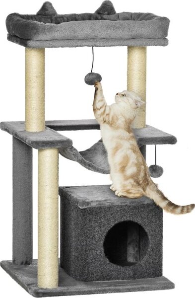 Fortuna Lai Tiragraffi per gatti 90 cm Tiragraffi con amaca Albero giochi Tana per gatti Piattaforme Albero per arrampicarsi Tiragraffi per gatti Tiragraffi attività Peluche Sisal Grigio
