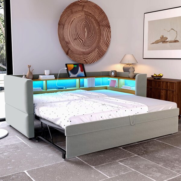 Fortuna Lai Letto imbottito Divano letto estraibile 90/180*190 cm, dotato di luci a LED, prese di corrente e numerosi vani portaoggetti, letto imbottito, divano letto multifunzionale, letto singolo, grigio chiaro