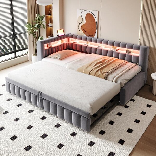 Letto imbottito 90x200 con funzione estraibile, illuminazione LED, prese USB e di tipo C, divano letto imbottito con schienale in tessuto vellutato color grigio scuro
