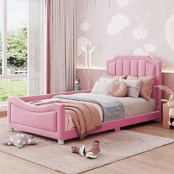 Letto imbottito Fortuna Lai 90x200cm, letto per bambini in flanella, letto piano con 1 telaio laterale e schienale, con rete a doghe e testata, rosa