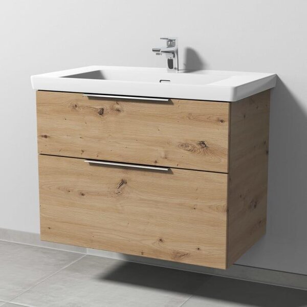 Sanipa, lavabo in Vetroceramica a 3 fori, modello Subway 3.0, con mobile sottolavabo di 80 x 47 cm, dotato di 2 cassetti