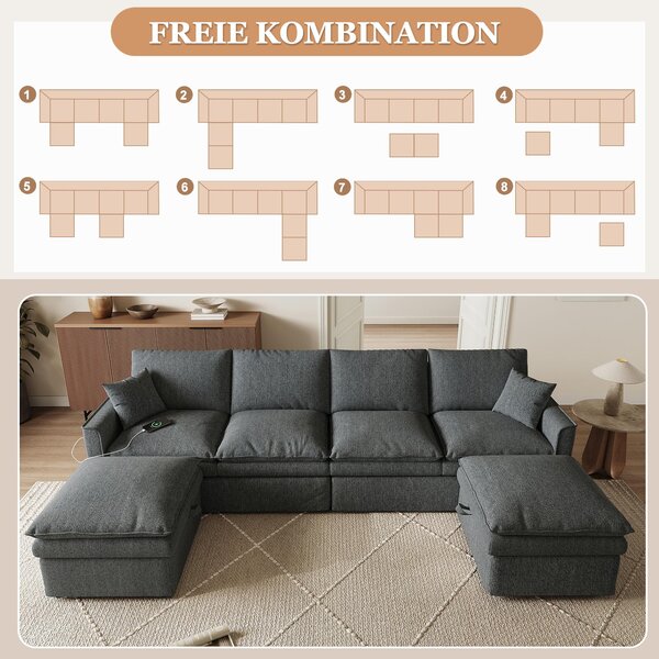 Divano angolare modulare a forma di "U" o "L", dimensioni 277x135x80 cm, rivestito in cotone e lino grigio, con 2 poggiapiedi mobili dotati di spazio contenitivo e porte USB/Type-C