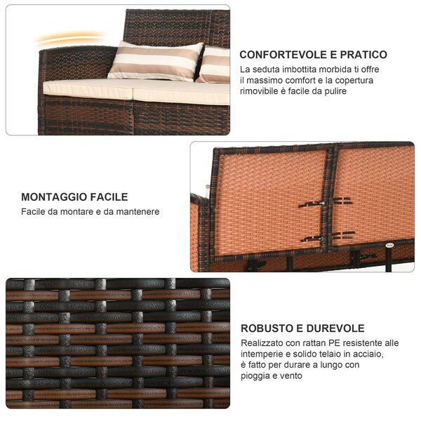 Outsunny Divano da Giardino a 3 Posti in rattan PE e Acciaio, 173x68x78 cm, Marrone