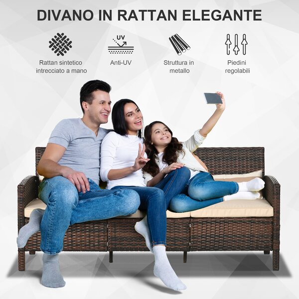 Outsunny Divano da Giardino a 3 Posti in rattan PE e Acciaio, 173x68x78 cm, Marrone