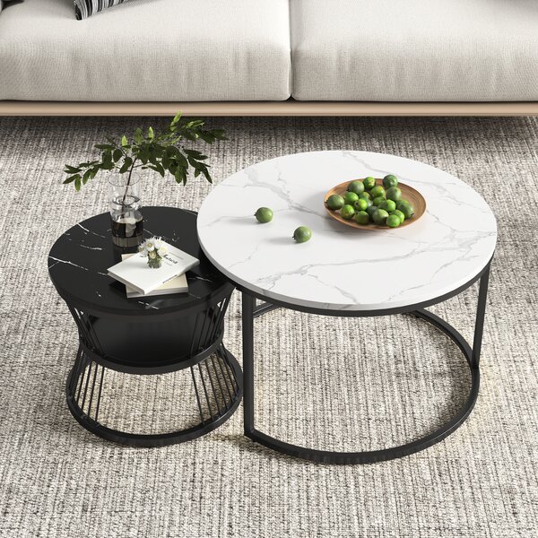 Tavolino Fortuna Lai Tavolino rotondo, 2 pezzi con motivo in marmo, 70x45cm+45x40cm, nero/bianco